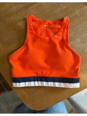 WILO Bright Orange Sports Bra with Navy & White Trim